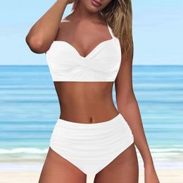 Retro Twist Women Swimsuit Solid Color High Waist TwoPiece Swimwear Halter Bikinis Sets Ruched Beachwear Biquinis Feminino 240412