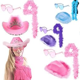 Berets 3Pcs Pink Western Cowgirl Hat Glasses Feather Set For Women Halloween Costume Play Tiara Felt Sequin Dress Decor Party Supplies