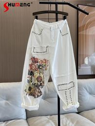 Women's Jeans Fashionable Rhinestones White Woman 2024 Spring Summer Elastic Waist Loose Painted Cropped Harem Pants Female