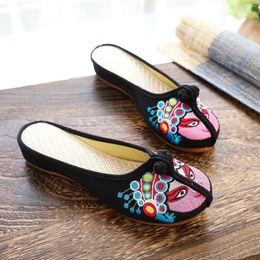 Slippers Summer Women's Causal Baotou Slipper Soft Sole Non Slip Facial Makeup Floral Denier Ethnic Style Embroidered Linen