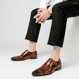 Dress Shoes High Quality Mens Genuine Leather Double Buckle Monk Strap Men Pointed Toe Gentlmen Wedding Party