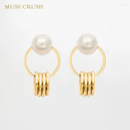 Dangle Earrings Temperament Women Double Circle Charm Stainless Steel Fashion Jewellery Wholesale Ladies Pearl Drop Gift