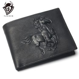 Wallets Men Short Wallet Horse Carving Pattern Pure Black Colour Cheap 100% Genuine Leather for Man Coin Purse Card Holder