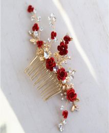 Jonnafe Red Rose Floral Headpiece For Women Prom Rhinestone Bridal Comb Accessories Handmade Wedding Hair Jewelry9699820