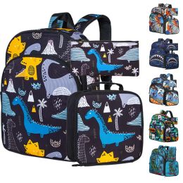 Bags 3pcs Preschool Backpack Boys, 16" Kids Dinosaur Elementary Dino Bookbag and Lunch Box