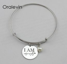 I AM ENOUGH Inspirational Hand Stamped Engraved Custom Pendant Charm Wire Expandable Handmade Bangle Bracelet Jewelry10PcsLot 9150893