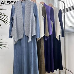 Casual Dresses ALSEY Miyake Pleated Tassel Round Neck Slim Long Sleeve Dress Spring Autumn Hundreds Mid-Length Prom For Women