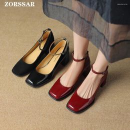 Dress Shoes Red Mary Jane Women Pumps Thick High Heels Female Lolita Square Toe Spring Fashion Party Patent Leather Woman