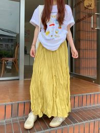 Skirts Coigarsam Women Skirt Summer 2024 Office Lady Solid Folds High Waist White Black Apricot Colour Blue Yellow Pink
