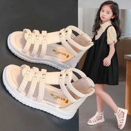 Sandals Girls Roman Sandals Open Toe Braided Solid Colour High-top Simple Rivets New Summer Hollow Flat Casual Shoes Kids Fashion Casual 240419