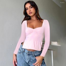 Women's T Shirts CUTENOVA Women Slim Fit Long Flare Sleeve T-shirts Spring Solid Square Neck Ruched Side Split Basic Tops