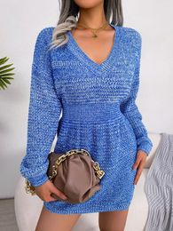 Casual Dresses Vintage Colourful Knitted Sweater Women Winter 2024 Lantern Sleeve High Waist Dress Ladies V-neck Loose Fit