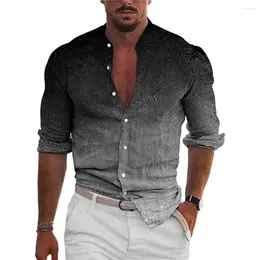 Men's Casual Shirts Spring Men Shirt Stand Collar 3D Print Slim Long Sleeve Single-breasted Buttons Mid Length Top Camisa Para Hombre