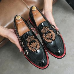 Casual Shoes Loafers Men PU Black Round Toe Low Heel Fashion Daily Business Party Embroidered Double Buckle Dress CP304