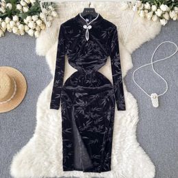 Casual Dresses Cheongsam Vintage Dress Chinese Knot Button Velvet Bodycon Long Sleeve Floral Print Pearl Vrstido Drop