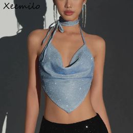 Xeemilo Y2K Shinny Backless Tank Top Sexy Deep V-neck Bandage Halter Crop Tops Aesthetic Irregular Shape Skinny Slim Women Camis 240419