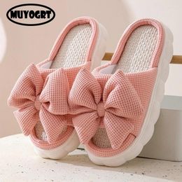 Slippers Spring Summer Bowknot For Women Kawaii Home Light Ladies Flip Flops Shoes Woman Thick Sole Flat Linen Sandals