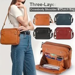 Buckets Vintage Multi Layer Crossbody Bag, Faux Leather Clutch Purse, Square Shoulder Bag For Women