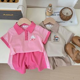 Clothing Sets Girls Casual Set 2024 Summer Children's Trendy Polo Collar Short Sleeved Top Baby Girl Sweet Shorts Two-piece