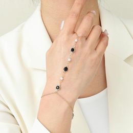 Link Bracelets QIAMNI Elegant Simulation Pearl Hand Chain Set Ring Bracelet Tassel Crystal Finger Bangle Bohemian Jewellery For Women Girls