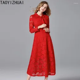 Casual Dresses TAOYIZHUAI Arrival Autumn Sweet Style Plus Size 5XL Red Bow Dress Full Sleeves Ankle Length A-Line Women Lace 14218