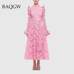 Casual Dresses Embroidery Patchwork Designer Elegant Pink For Women Long Sleeve Turtleneck High Waist Hollow Out Party Dress With Belt