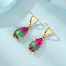 Dangle Earrings Fashion Sweet Triangle Gold Plated Drop Women's Korea Hollow Bi-color Tourmaline Stone Earring For Women Jewellery