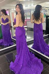 Party Dresses Sexy Long Spaghetti V-Neck Purple Evening Mermaid Sequined Sweep Train Open Back Formal Dress For Wome