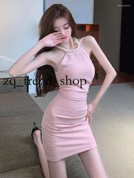 Casual Dresses Sexy Pearls Halterneck Dress for Women Sleeveless Solid Slim Mini Women's Night Club Party Frock Female 9 44