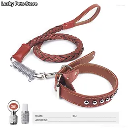 Dog Collars Cowhide Collar Leash Set For Pitbulls Soft Padded Leather Medium Large Dogs Lead With Anti-lost ID Tag Nameplate