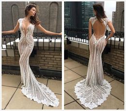 Sexy Berta 2020 Illusion Top Mermaid Wedding Dresses Deep V Neck Lace Appliqued Bridal Gowns Vestido De Novia Cap Sleeve Beach Wed8047454