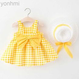 Girl's Dresses 2Piece Summer Toddler Girls Dresses Korean Cute Plaid Sleeveless Cotton Big Bow Yellow Dress+Sunhat Newborn Baby Clothes BC003 d240423