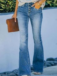 Women's Jeans Elegant Hight Waist Mom Sand Wash Vintage Women Denim Flare Pants Streetwear Retro Harajuku Button Tight Trousers