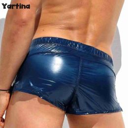 Men's Shorts Mens Glossy Swimming Trunks Shorts Low Rise Solid Color Slim Fit Sides Slit Shorts Vacation Beach Pool Party Nightclub Costumes 240419 240419