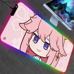 Mouse Pads Wrist Rests Genshin Impact Backlight Gaming Mousepad Desk Rug RGB Gamer Mousepads Pink Kawaii Mouse Pad LED Mouse Mats 100x50cm Keyboard Mat Y240419