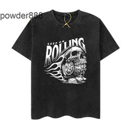 2024 High Street Trendy Half Sleeves Skull Motorcycle Print Worn Out Wash Short Sleeve T-shirt