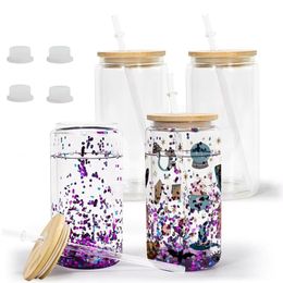 16oz Sublimation Snow Globe Glass Cups With Double Wall Juice Jar Beer Can Mugs Blanks DIY Snowglobe Tumbler With Bamboo Lids And Pre-Drilled Hole & Silicone Stopper