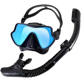 Snorkel Mask Set Silicone Swimming Goggles Diving Training Kit Dry Top Colourful Len Wide View Tempered Glass Anti-Leak Adults 240410