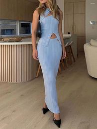 Work Dresses Women Hollow Out 2 Piece Skirt Set Y2K Halter Neck Backless Crop Camis Slim Fit Tube Tops Split Skirts Outfits Clothes Clubwear