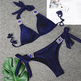 Women's Swimwear Sexy Blue Rhinestones Bikinis Swimsuit Solid Color Female Push Up Bikini Beach Swimming Bathing Suit Women Bather 2024