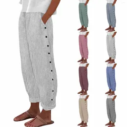 Women's Pants Women Casual Stripe Print Side Button Up Trendy Baggy Elastic Waist Straight Leg Comfort Trousers With Pocket 2024