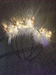 LED Fluffy Feather Antlers Headband Christmas Glowing Light Up Flashing Deer Ears Hairband Costume Fancy Cosplay Party Decor with 4218189