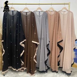 Ethnic Clothing Pearl Chiffon Casual Loose Abaya for Women Muslim Bat Sleeves Dubai Luxury Turkey Kaftan Hijab Dress Ramadan Islamic Clothes d240419
