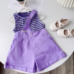 Clothing Sets Korea Children Set Summer Striped Girl Baby Korean Loose Casual Suspenders T-shirt Pants Suit Two Piece Fashion