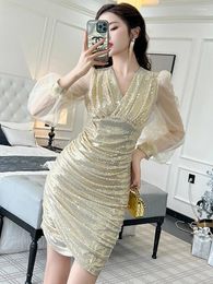 Casual Dresses Ladies Shiny Gold Sequin Short Stretchy Women Clothing Mujer Elegant Luxury Sexy V-Neck Boycon Dress Vestidos Fiesta