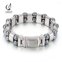 Link Bracelets Fongten 21cm Stainless Steel For Men Double Layer Grey Iron Stone Chain Brushed Bracelet Bangles Silver Colour Jewellery