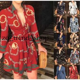 2024 Spring Casual Dresses Plus Size 3XL Women Lace Up Button Down Chain Printed Lapel Neck Party Dress Sexy Bandage Skirt 211 6 32