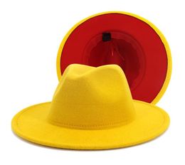Unisex Flat Brim Wool Felt Fedora Hats with Belt Red Black Patchwork Jazz Formal Hat Panama Cap Trilby Chapeau for Men Women high 6896371