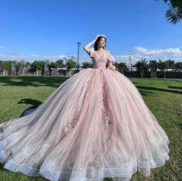 Blush Pink Princess Quinceanera Dresses Off Shoulder Ruffles 3D Floral Applique Corset Fairy vestidos de 15 anos quinceaneras