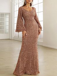 Casual Dresses Sequins Maxi Long Mermaid Dress For Woman Sweetheart Collar Flare Sleeve Glitter Bodycon Wedding Party Female Gowns